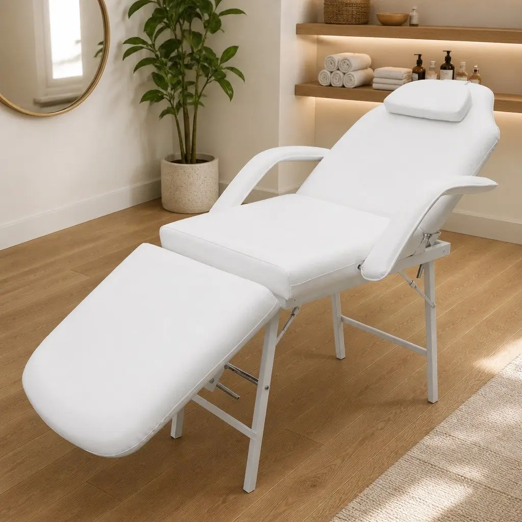 Portable Facial Treatment Chair White Faux Leather Salon Massage Bed Adjustable