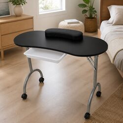 Folding Manicure Nail Table with Wrist Cushion Castors Storage Drawer Black