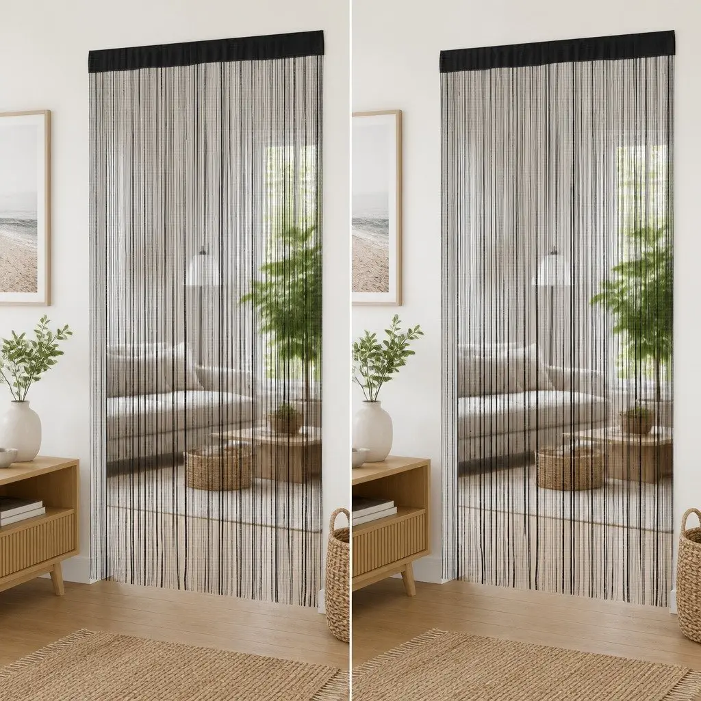 Black String Curtains Set of 2 Panels 100x250 cm