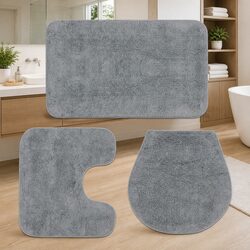 Bathroom Mat Set 3 Pieces Grey Cotton Bath Towel Pedestal Toilet Lid Cover