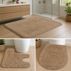 3-Piece Bathroom Mat Set: Beige Cotton Mats
