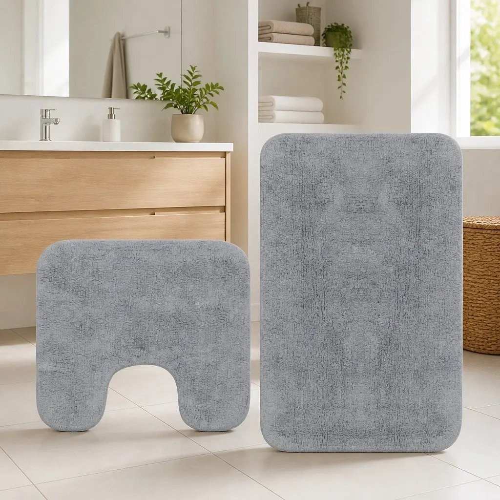 Bathroom Mat Set 2 Pieces Grey Bath Pedestal Non-Slip Water Absorbent Floor Rug