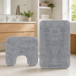 Grey Bathroom Mat Set - 2 Non-Slip Cotton Mats