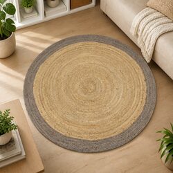 Handmade Jute Area Rug Grey Border Natural Braided Woven Carpet 90cm Round