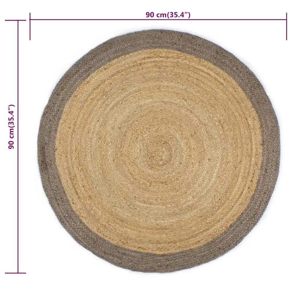 Jute Area Rug for Home 90cm Round Natural Braided Woven Carpet with Grey Border