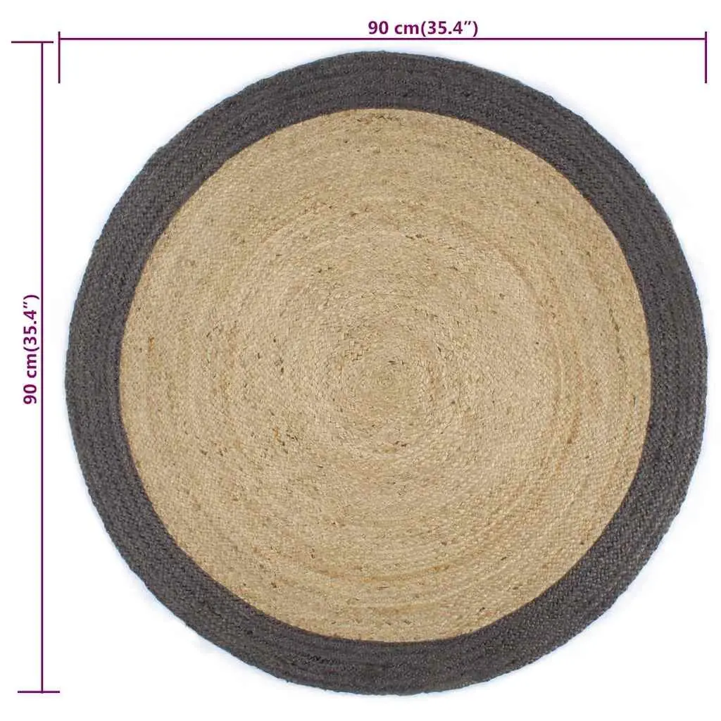 Jute Area Rug Home 90 cm Round Natural Centre Grey Border Braided Carpet