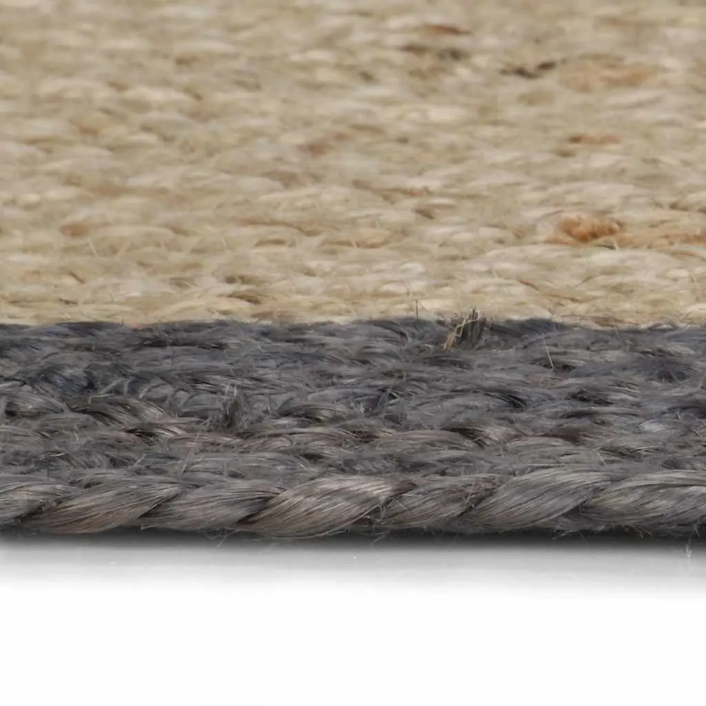 Handmade Jute Area Rug Grey with Dark Border Round Braided Carpet Home Decor