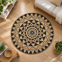 150cm Jute Area Rug with Floral Print — Black, Handwoven