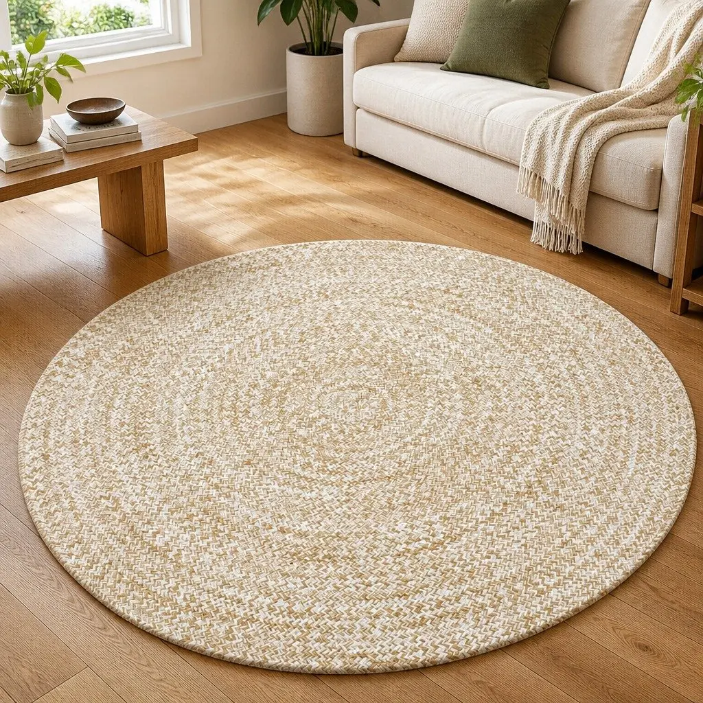 Braided Jute Area Rug for Home Decor 120 cm Round White Natural Woven Carpet