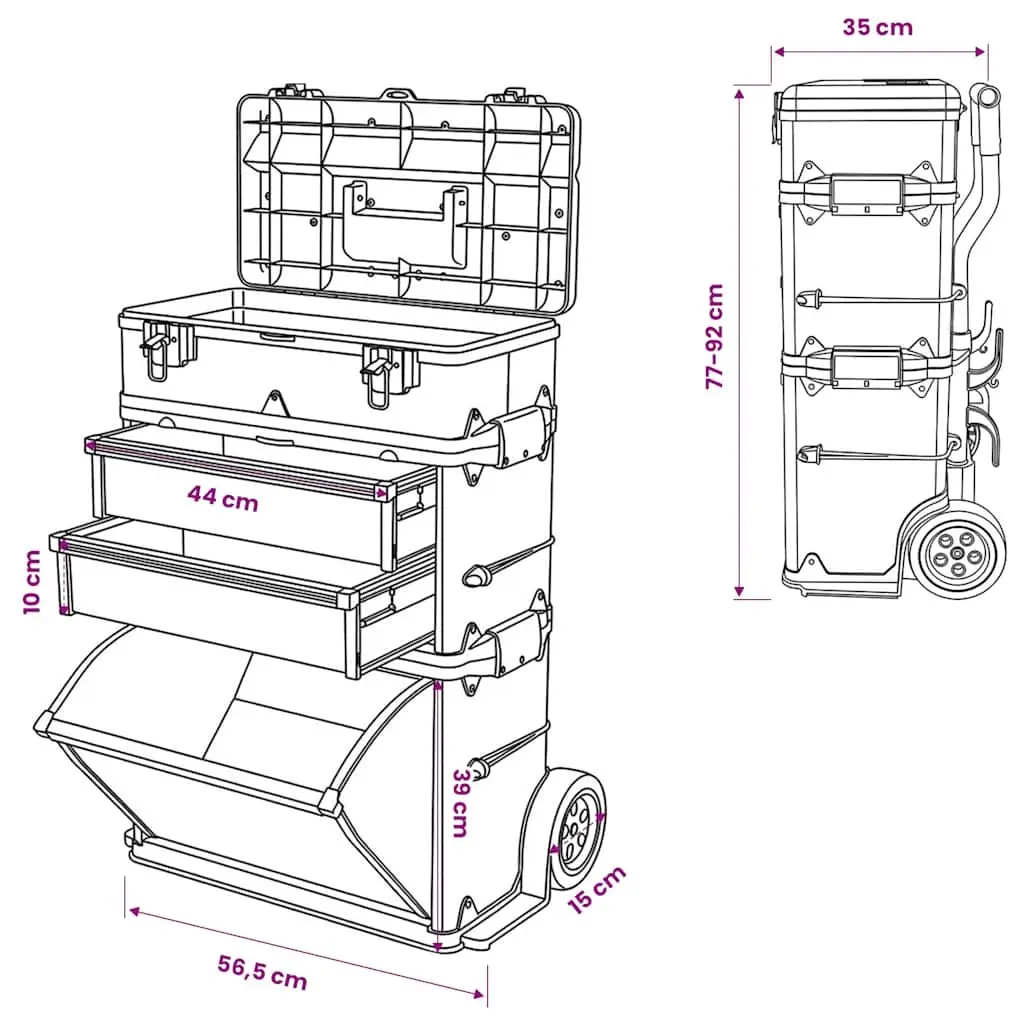 3-Part Rolling Tool Box with 2 Wheels Silver Mobile Storage Organiser