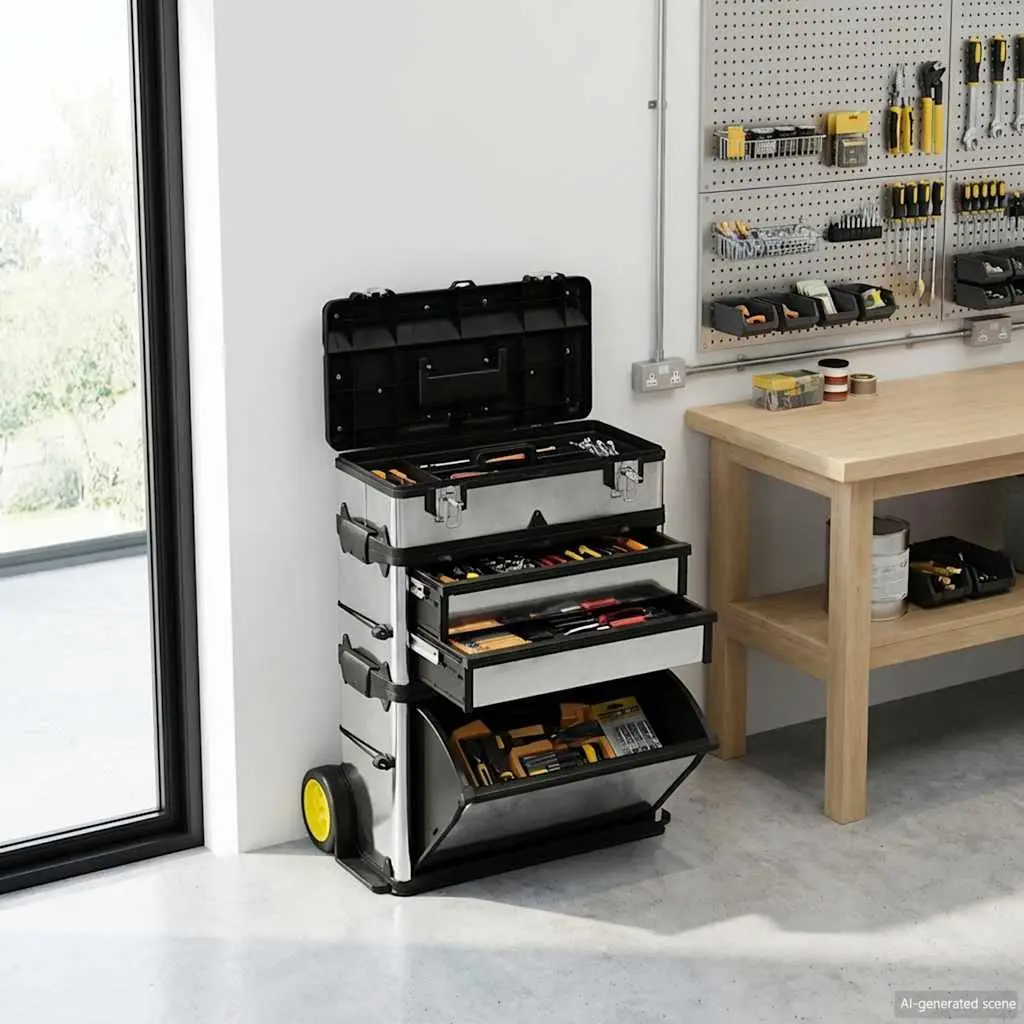 3-Part Rolling Tool Box with 2 Wheels Silver Mobile Storage Organiser