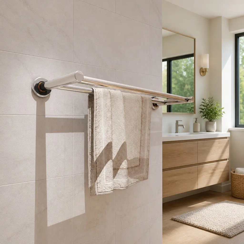 Wall Mounted Towel Rack 2 Tubes Silver Bathroom Holder Storage Bar