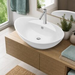 White Oval Ceramic Bathroom Sink with Overflow Feature