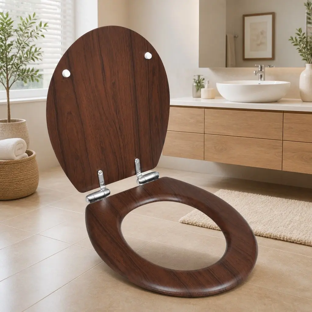 Toilet Seat for Bathroom Brown MDF Soft Close Lid Adjustable Hinges