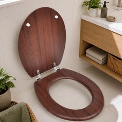 Universal WC Toilet Seat MDF Lid Brown Bathroom Fixture Durable Chrome Hinges