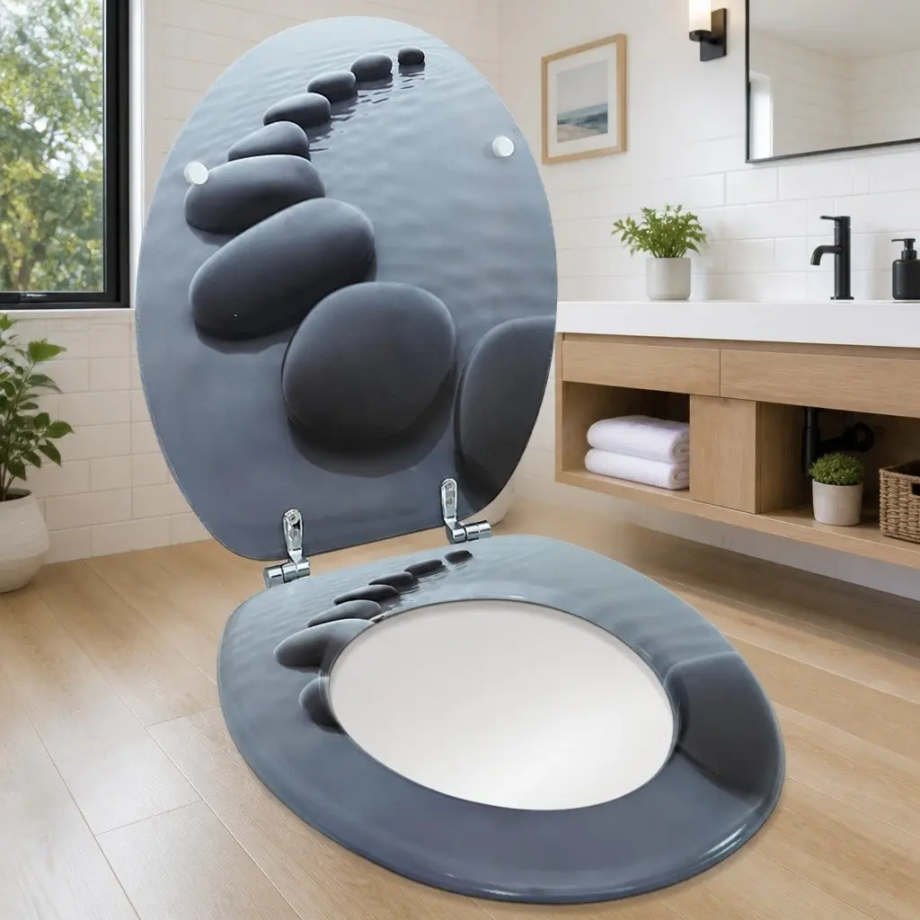 Toilet Seat for Bathroom Grey MDF Lid with Adjustable Hinges Standard Size