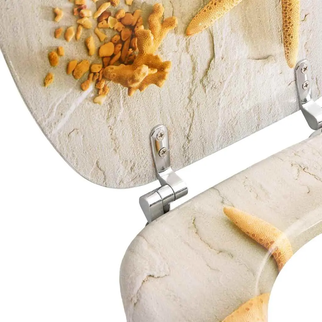 Toilet Seat MDF Lid Grey Starfish Design Bathroom Fixture Adjustable Hinges