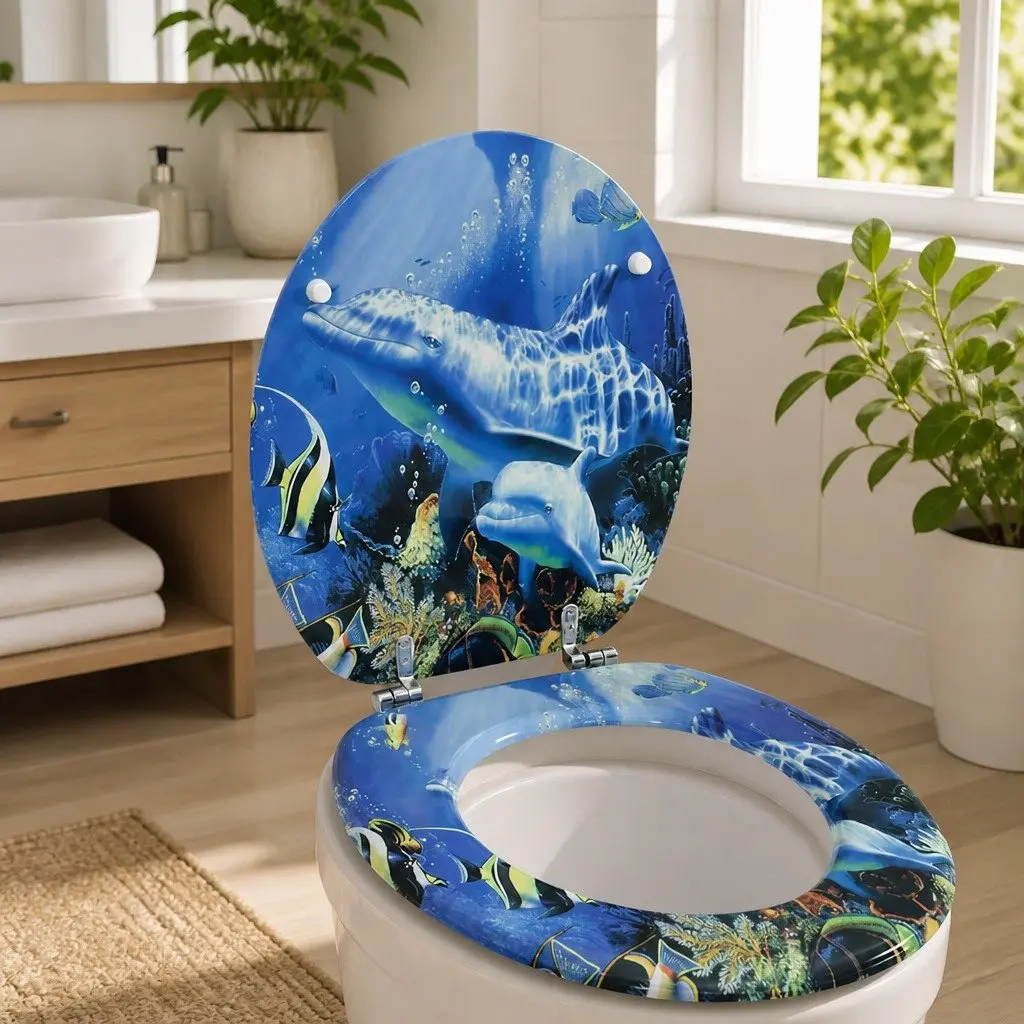 Toilet Seat with Lid Blue Dolphins Design MDF Adjustable Hinges Easy Install
