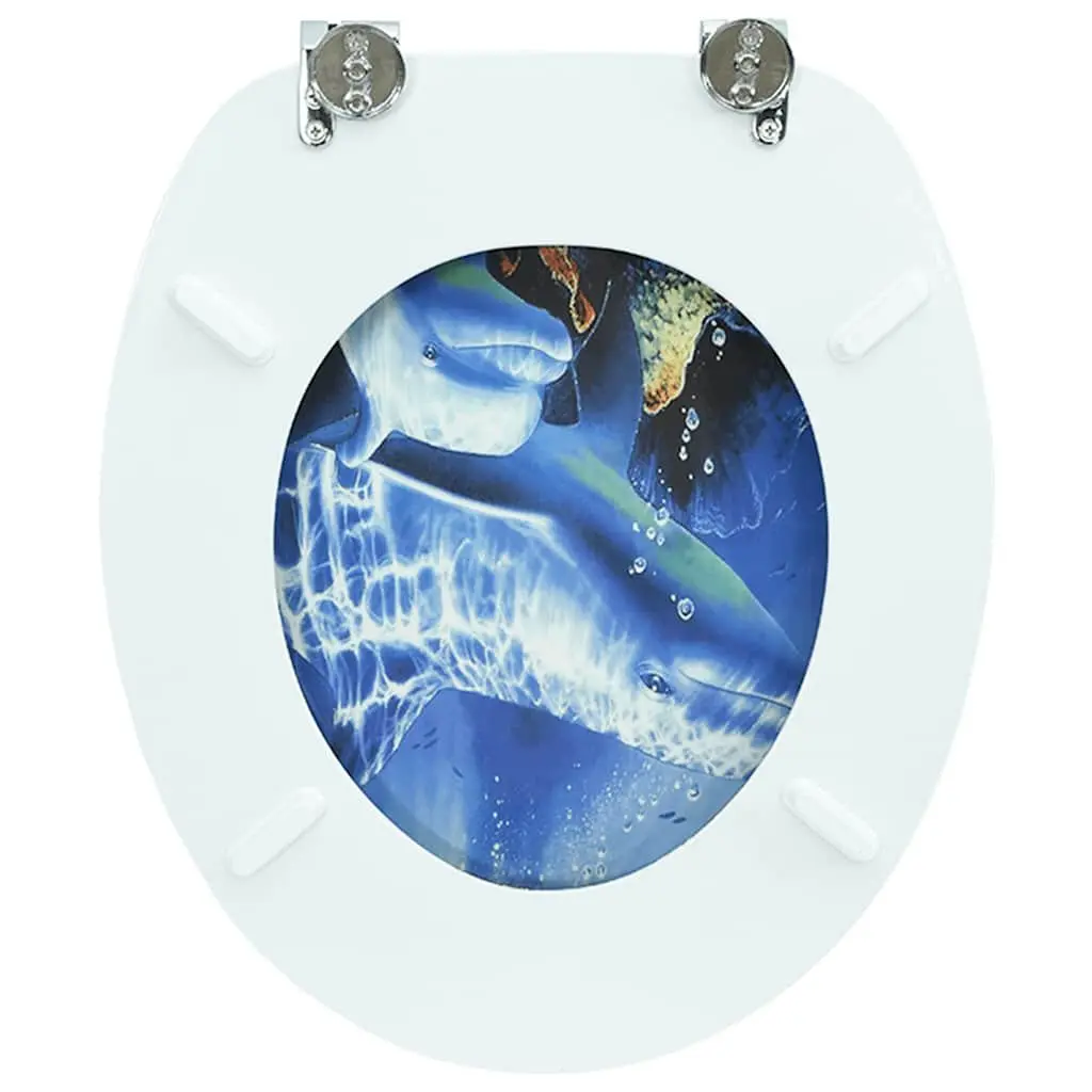 Toilet Seat with Lid Blue Dolphins Design MDF Adjustable Hinges Easy Install