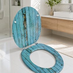 Toilet Seat with Hard Close Lid Blue MDF Old Wood Design Adjustable Hinges