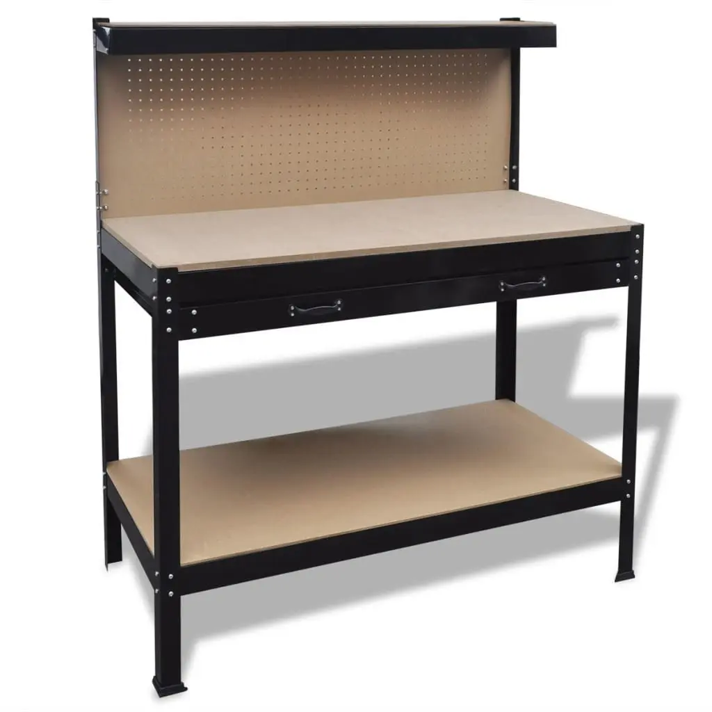Steel Workbench Brown Pegboard Hooks Drawer Storage Work Table Garage Tool Bench
