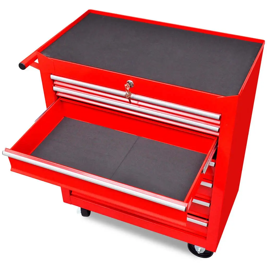 Tool Trolley with 7 Sliding Drawers Lockable Workshop Storage Organizer Red