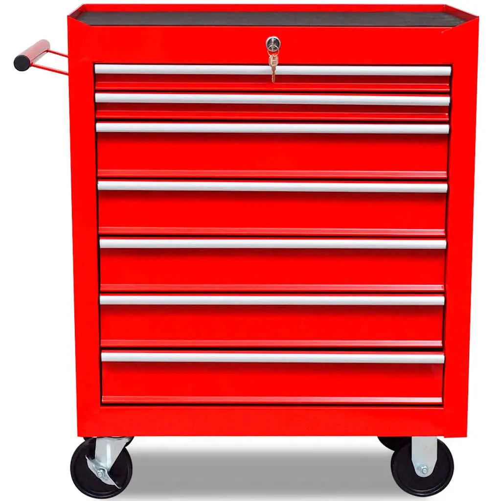 Tool Trolley with 7 Sliding Drawers Lockable Workshop Storage Organizer Red