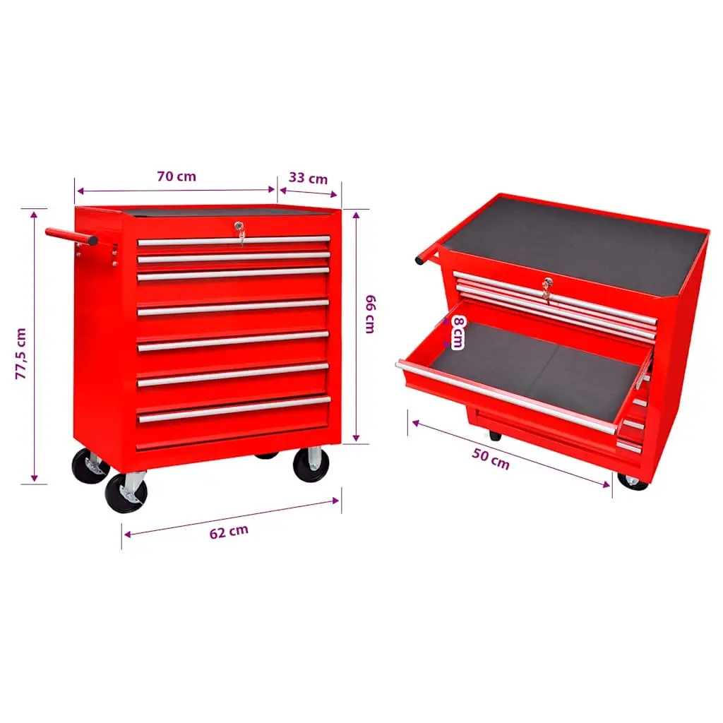 Tool Trolley with 7 Sliding Drawers Lockable Workshop Storage Organizer Red