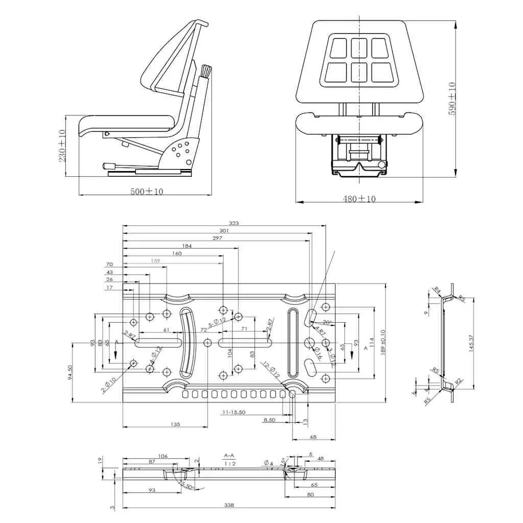 Tractor Seat for Heavy Machinery Outdoor Use Black Steel Frame Water-Resistant PVC Padded