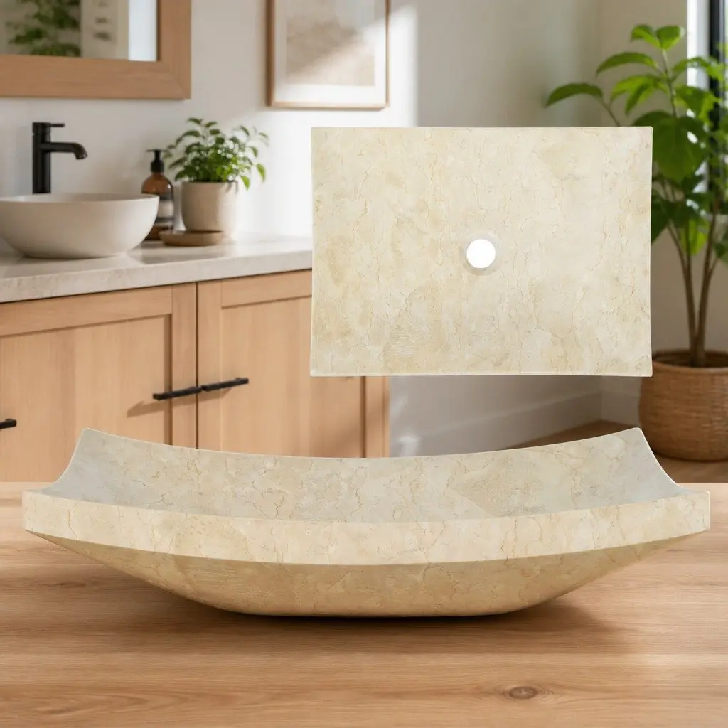 Cream Rectangular Handmade Marble Bathroom Sink