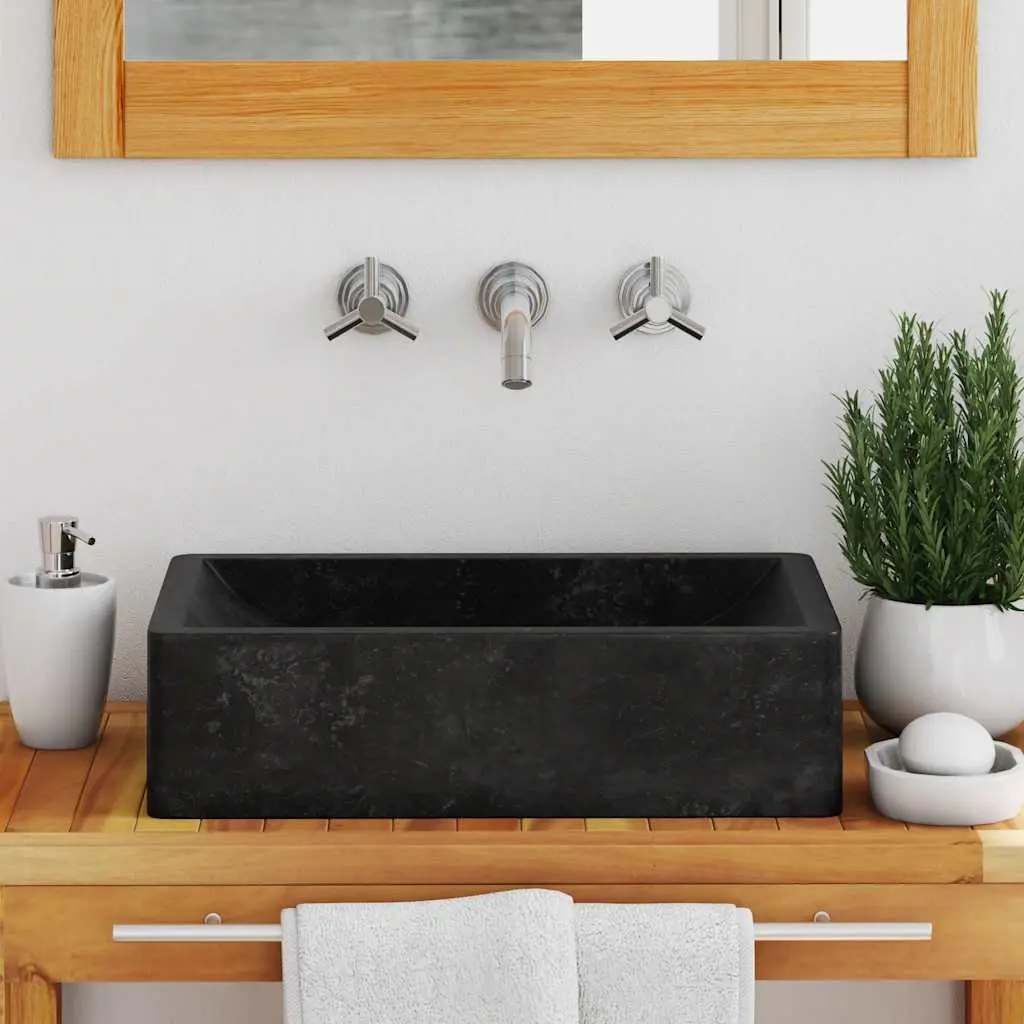 Bathroom Basin Sink 45x30x12 cm Marble River Stone Handmade Black High Gloss