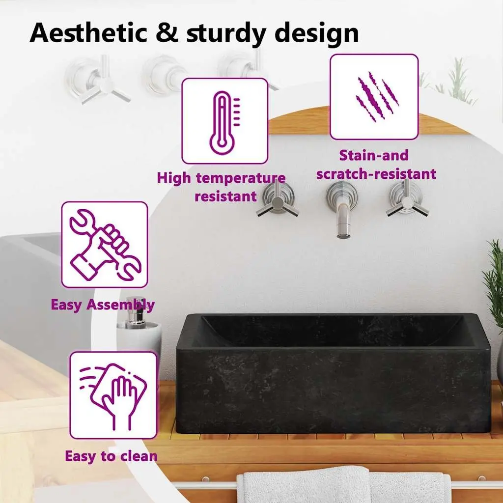 Bathroom Basin Sink 45x30x12 cm Marble River Stone Handmade Black High Gloss