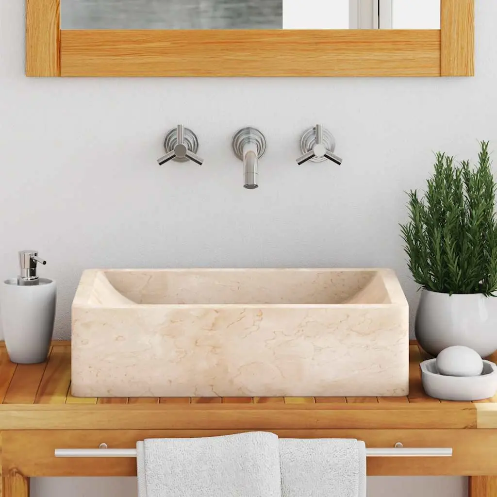 Bathroom Basin Sink Rectangular 45x30x12cm Natural River Stone Cream Washroom