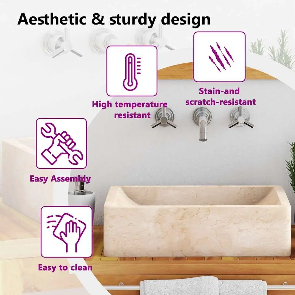 Bathroom Basin Sink Rectangular 45x30x12cm Natural River Stone Cream Washroom