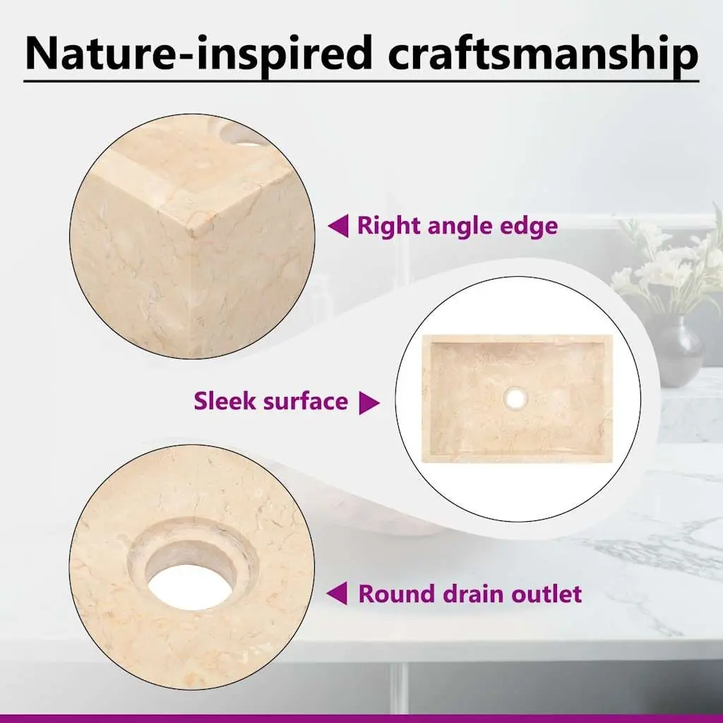 Bathroom Basin Sink Rectangular 45x30x12cm Natural River Stone Cream Washroom