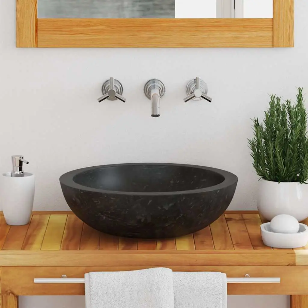 Bathroom Sink Washroom 40x12 cm Black Natural River Stone Handmade