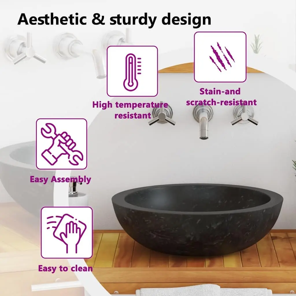Bathroom Sink Washroom 40x12 cm Black Natural River Stone Handmade