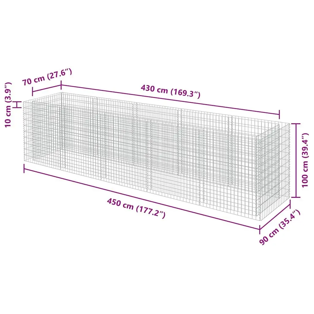 Gabion Raised Garden Bed Galvanised Steel 450x90x100cm Silver Planter Border