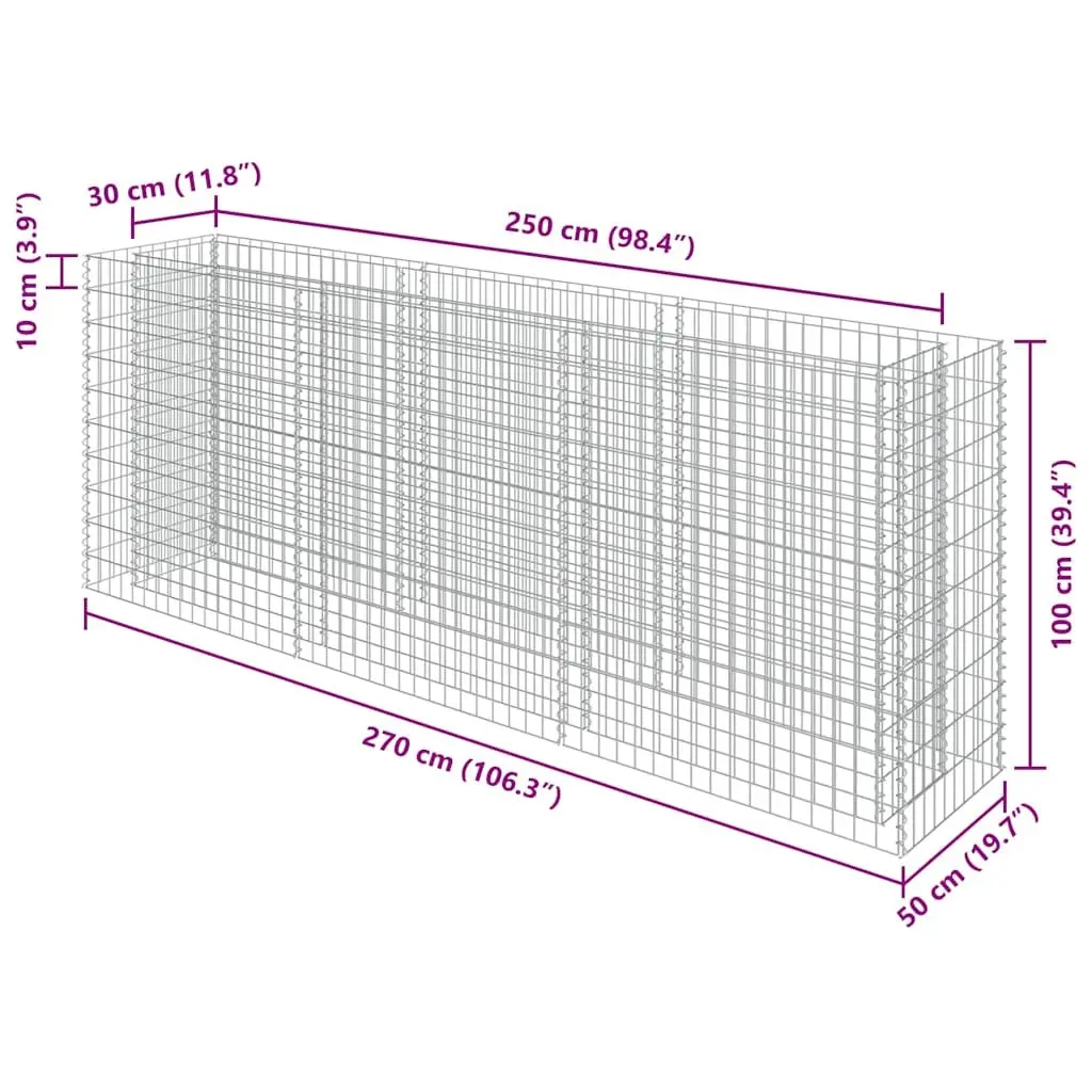 Gabion Raised Garden Bed Silver Galvanised Steel 270x50x100cm Planter Border