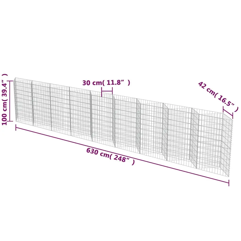 Gabion Wall Panel Outdoor Garden 630 x 30 x 100 cm Galvanised Steel Retaining Barrier Planter