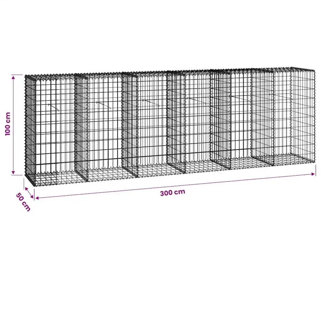 Gabion Wall Fence Panel for Garden 300L x 50W x 100H cm Galvanised Steel Retaining Barrier with Top Bottom Covers