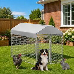 Outdoor Dog Kennel with Roof Silver Large Exercise Run Puppy Play Pen Enclosure