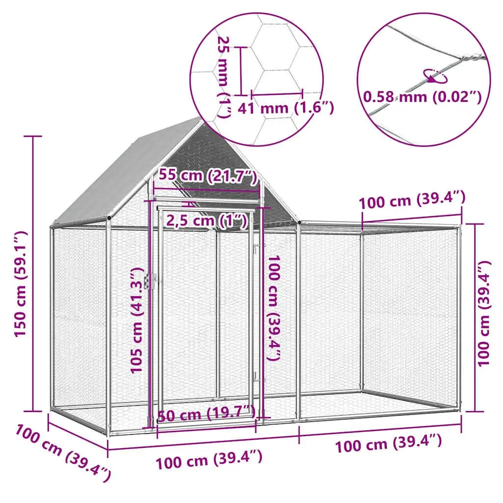 Chicken Coop Garden 2x1x1.5 m Galvanised Steel Poultry House Enclosure