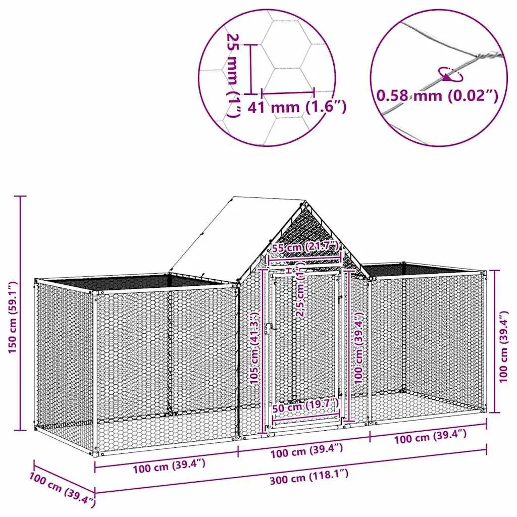 Chicken Coop for Garden 3x1x1.5m Galvanised Steel Poultry House Run Enclosure