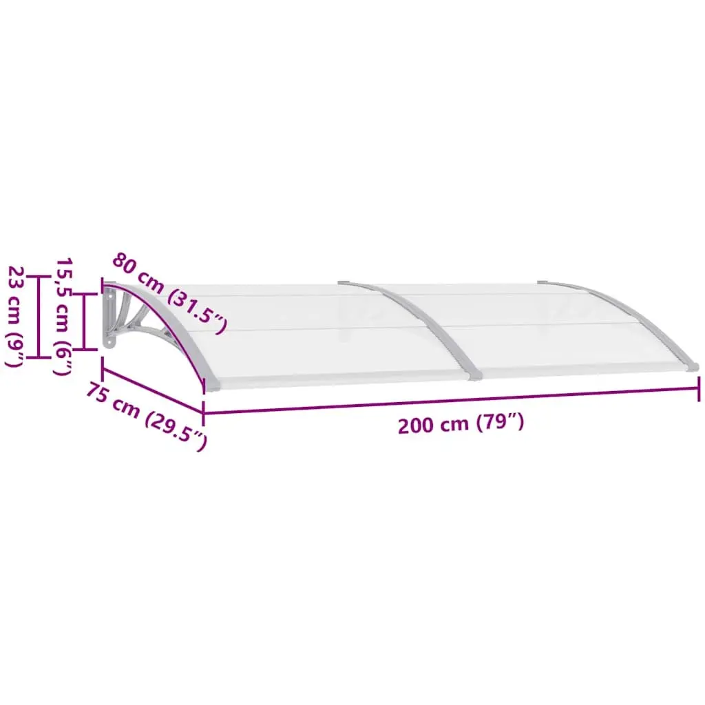 Door Canopy Awning Shelter for Doorway and Window Grey Transparent Polycarbonate 200x75cm