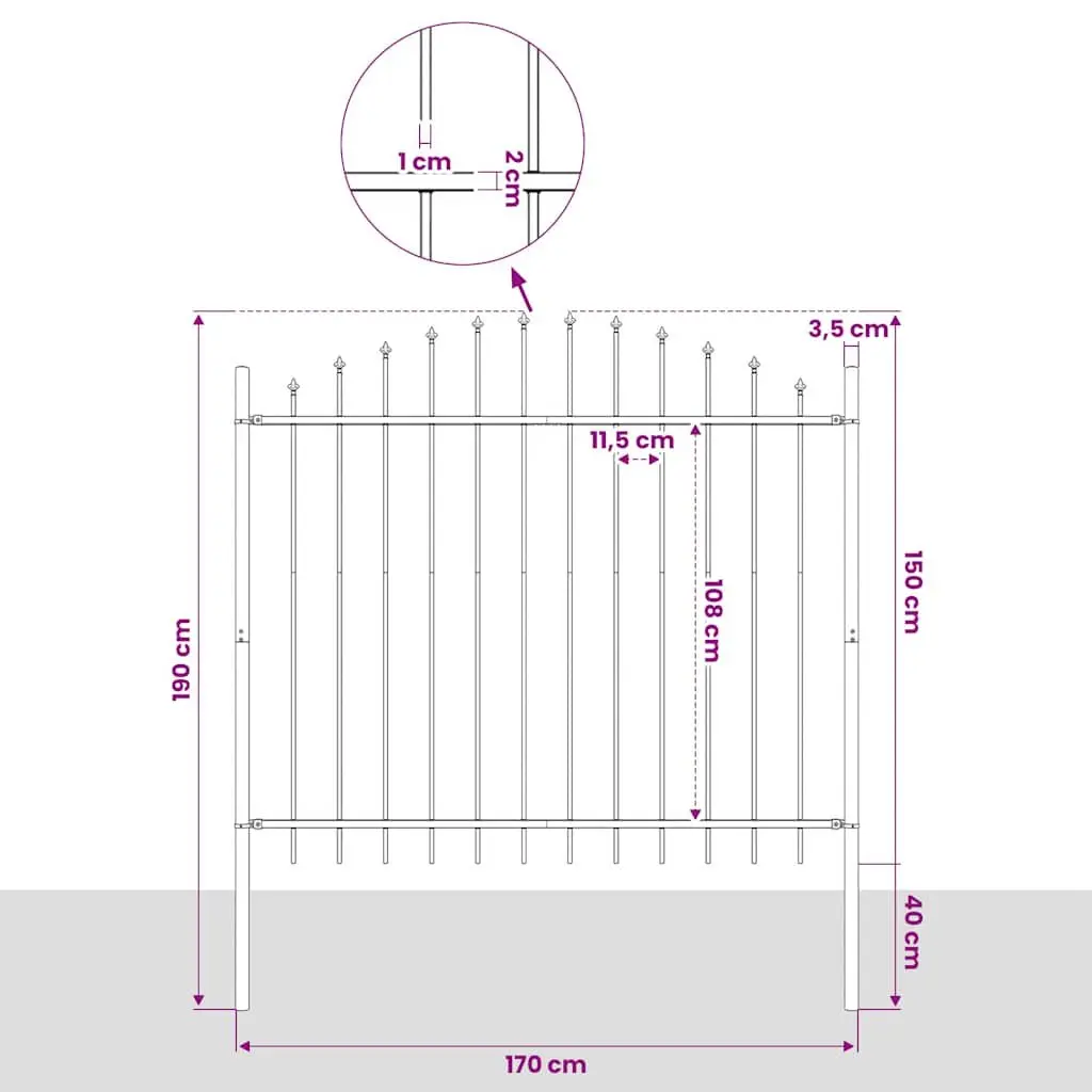 Steel Garden Fence Panel Black 170cm x 150cm Outdoor Security Barrier