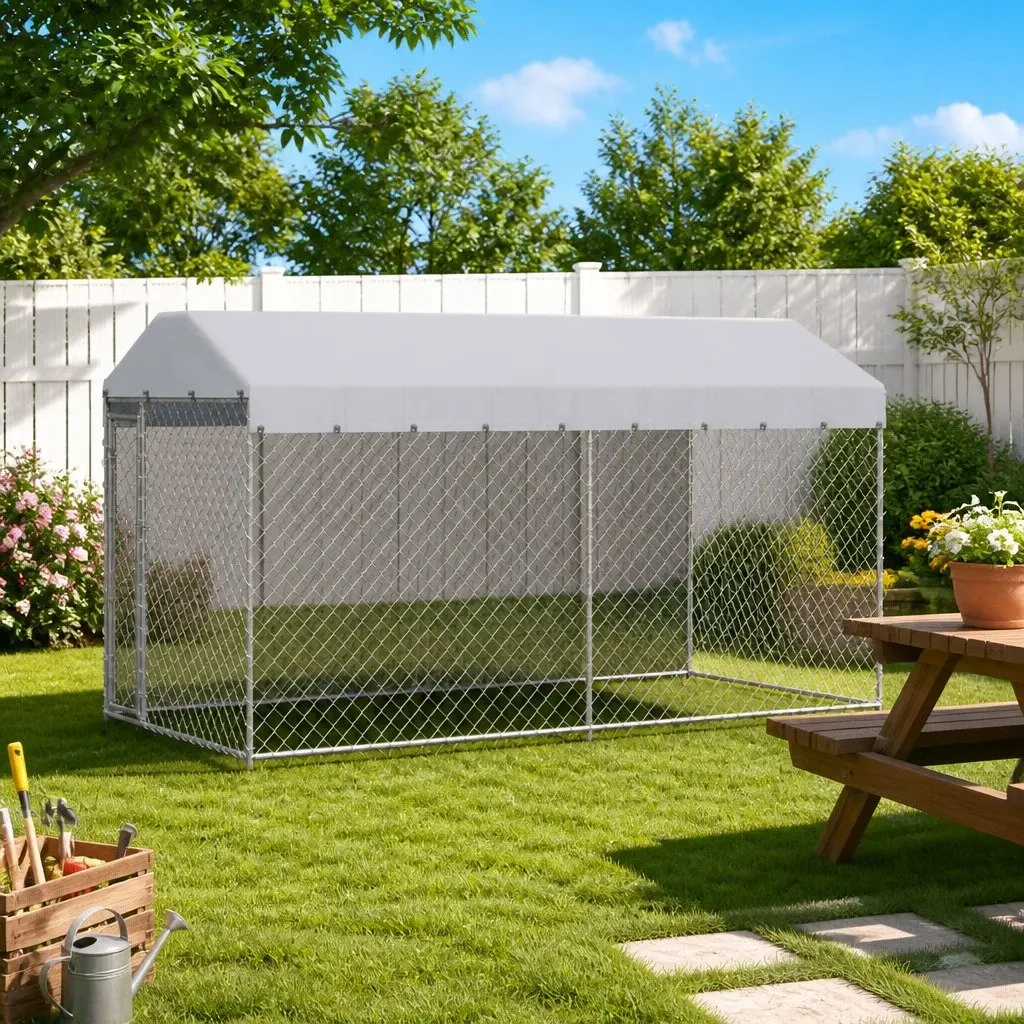 Large Chain Link Dog Kennel with Canopy