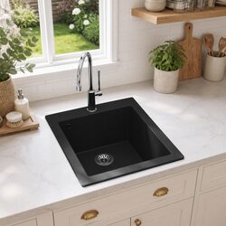 Overmount Kitchen Sink Single Basin Black Granite Drainer Reversible Space Saver