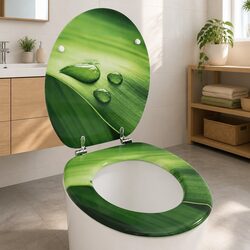 Toilet Seat with Lid Green Water Drop Design Adjustable Hinges Bathroom Fixture