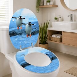 Toilet Seat with Lid Penguin Design Multicolour Bathroom Fixture Adjustable